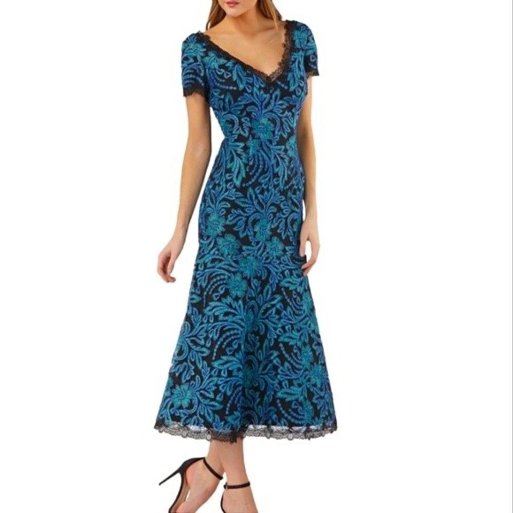 JS Collection Cocktail Floral Embroidery Fit Flare Midi Dress Turquoise Size 2